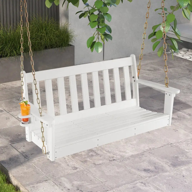 54 Inch HDPE Patio Porch Swing with Cup Holder-White - White - Porch Swings