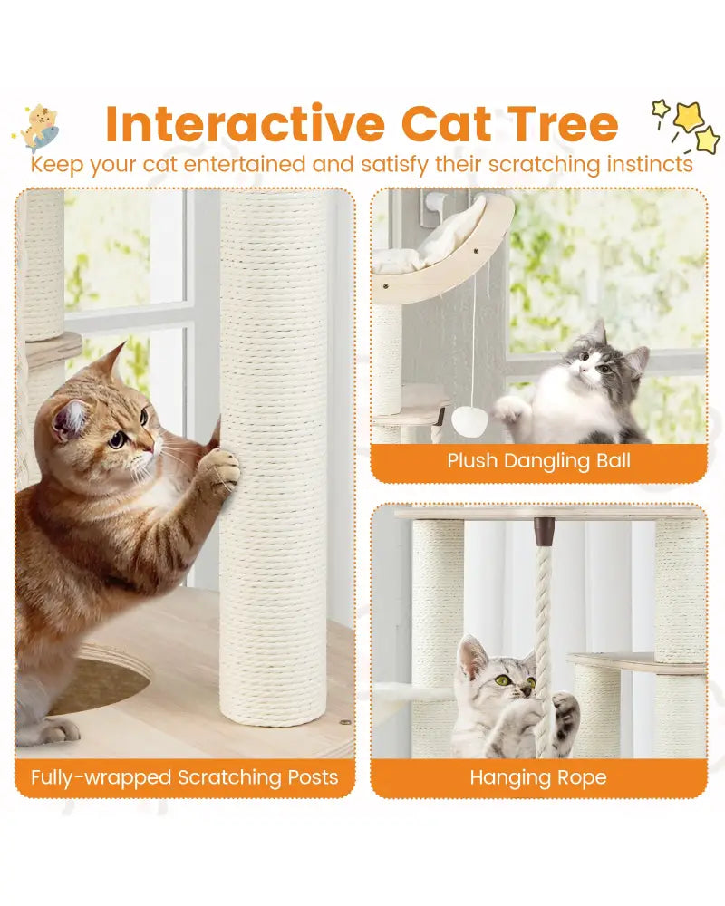 55.5 Inches Tall Wooden Cat Tree with Washable Plush Cushions for Indoor Cats - Cat Trees Condos & Scratchers