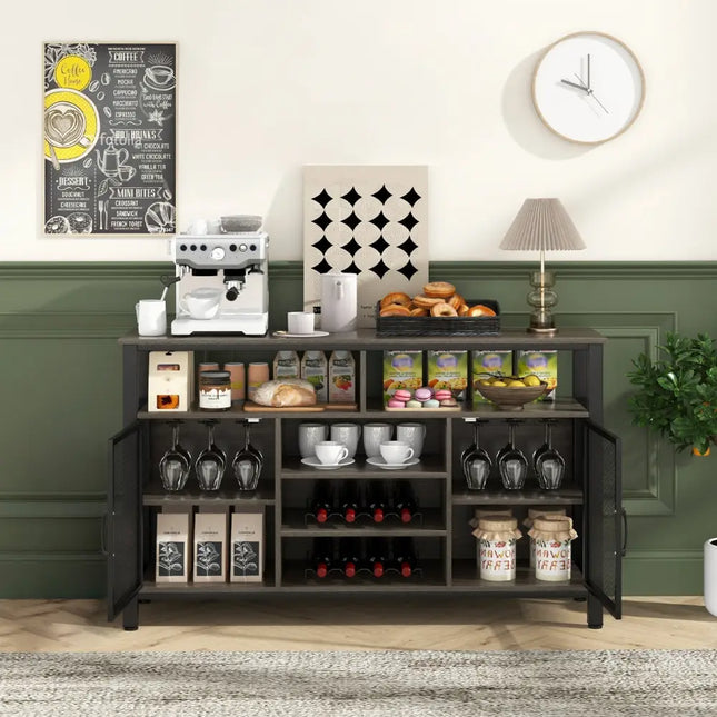 55-Inch Buffet Sideboard with 8-Bottle Wine Racks and Wine Glass Holders-Gray Costway