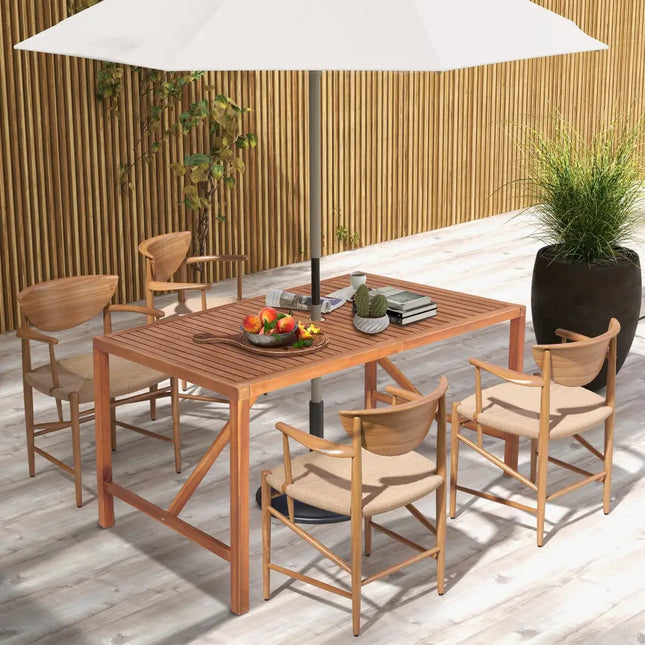 55 Inch Patio Rectangular Acacia Wood Dining Table with Umbrella Hole - Natural - Patio Dining Tables