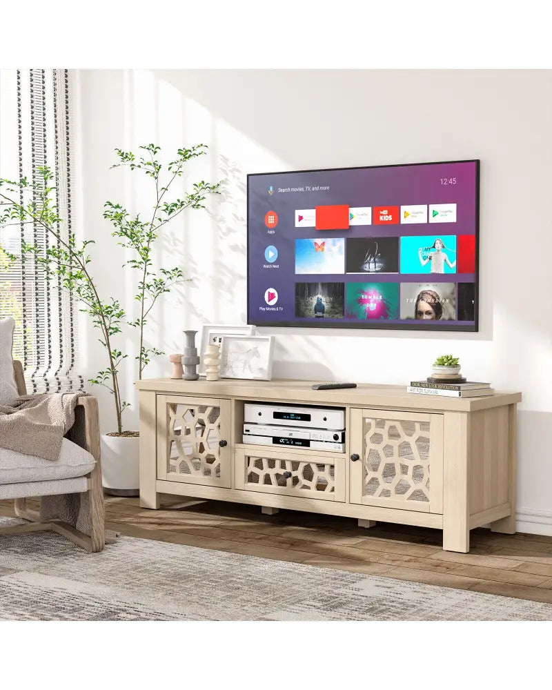 55 Inch Retro TV Stand Media Entertainment Center with Mirror Doors and Drawer-Natural - Natural - Entertainment