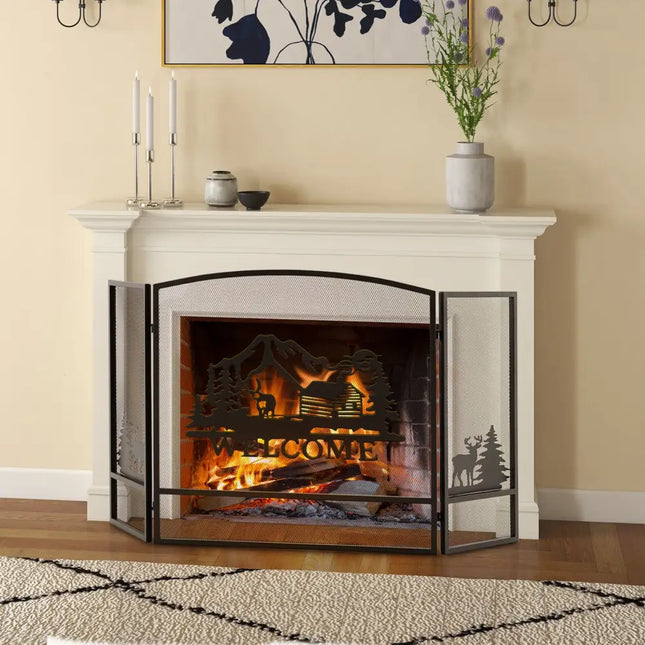 55 x 29.5 Inch Fireplace Screen with Natural Scenery and Moose Pattern-Black - Black - Fireplace Tools