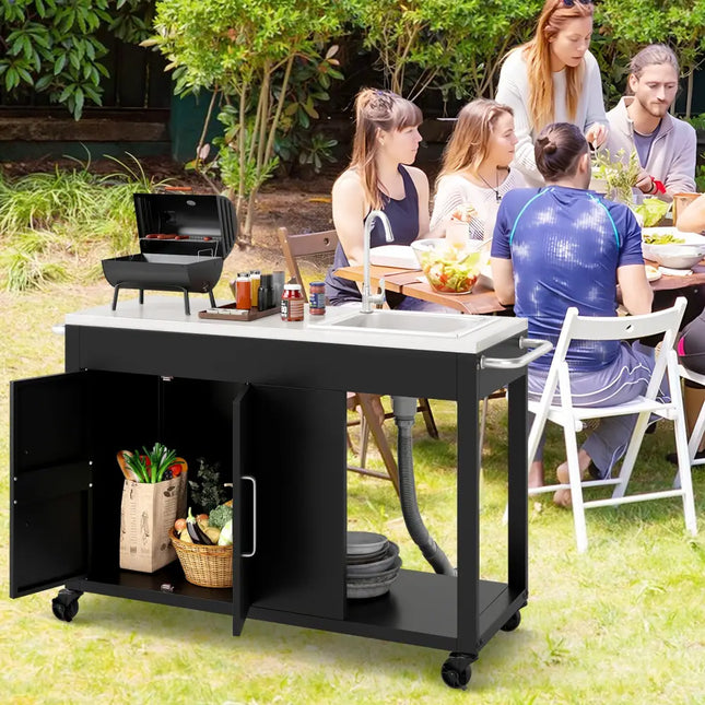 56 Inches Outdoor Grill Table with Sink and Stainless Steel Top-Black - Black - Outdoor Grills
