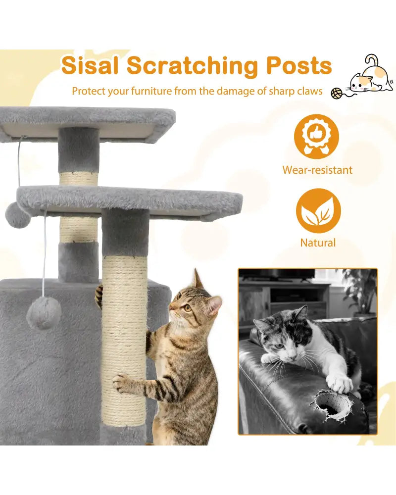 57 Inch Cat Tree with Dual Condos and Hammock and 2 Dangling Balls-Light Gray - Light Gray - Cat Trees Condos &