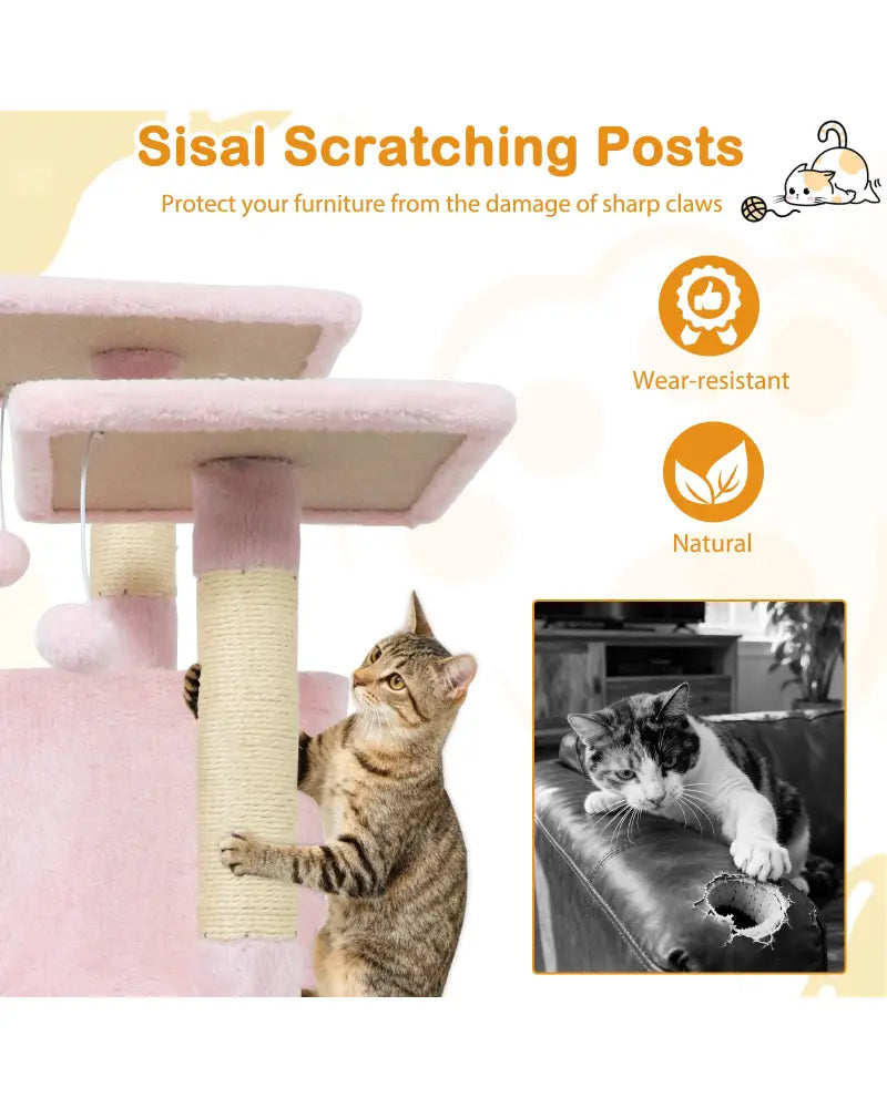 57 Inch Cat Tree with Dual Condos and Hammock and 2 Dangling Balls-Pink - Pink - Cat Trees Condos & Scratchers