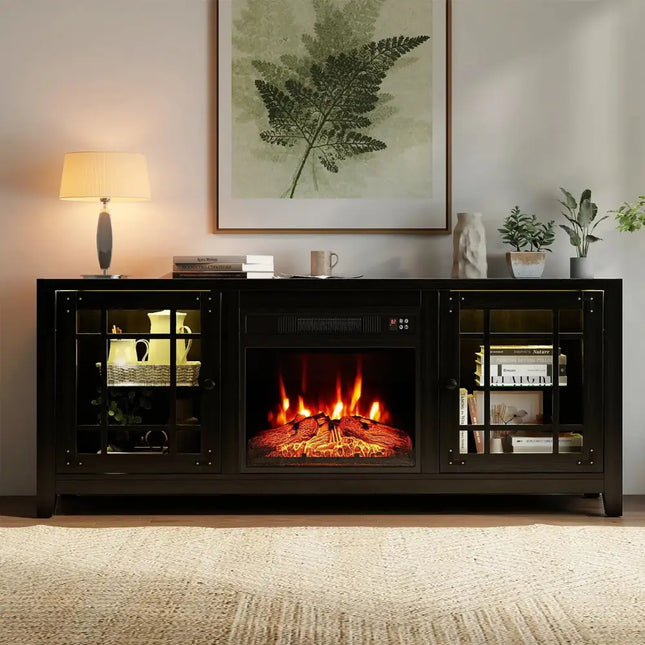 58" Fireplace TV Stand with LED Lights and 18" Electric Fireplace-Black Costway