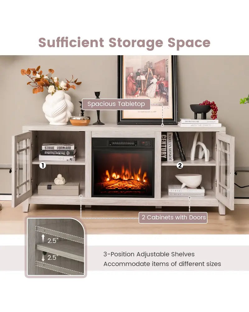 58 Inch Fireplace TV Stand with Adjustable Shelves for TVs up to 65 Inch-Natural - Natural - Entertainment Centers & TV