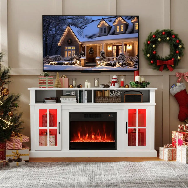 58 Inch Fireplace TV Stand with LED Lights with Storage Cabinets and Glass Doors-White Costway