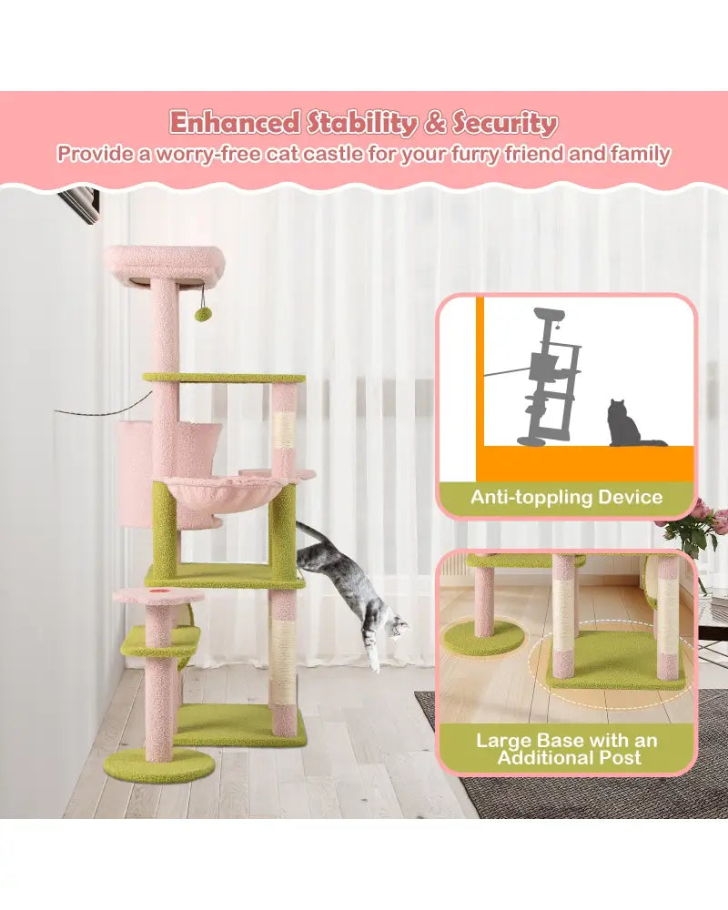 58 Inch Tall Multi-Level Cat Tree Aesthetic Floral Kitten Tower-Pink - Pink - Cat Trees Condos & Scratchers