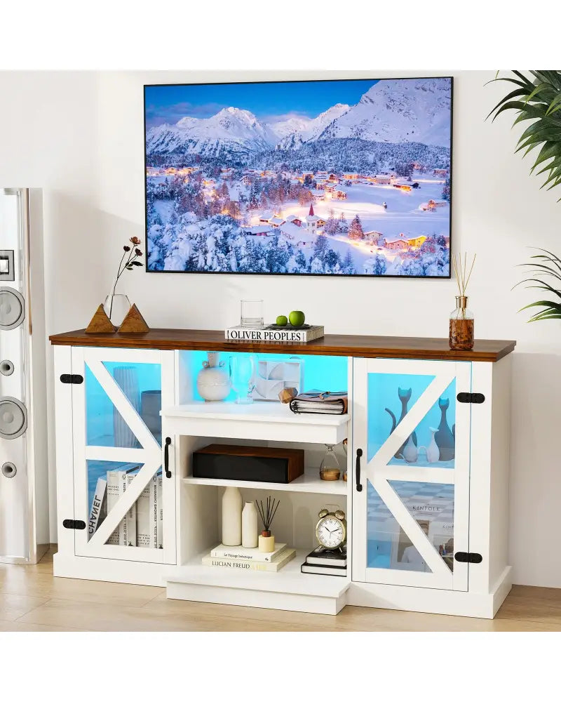 59 Inches Media Console Table with 3-Level Shelves and 22 Dynamic Modes-White - White - Entertainment Centers & TV