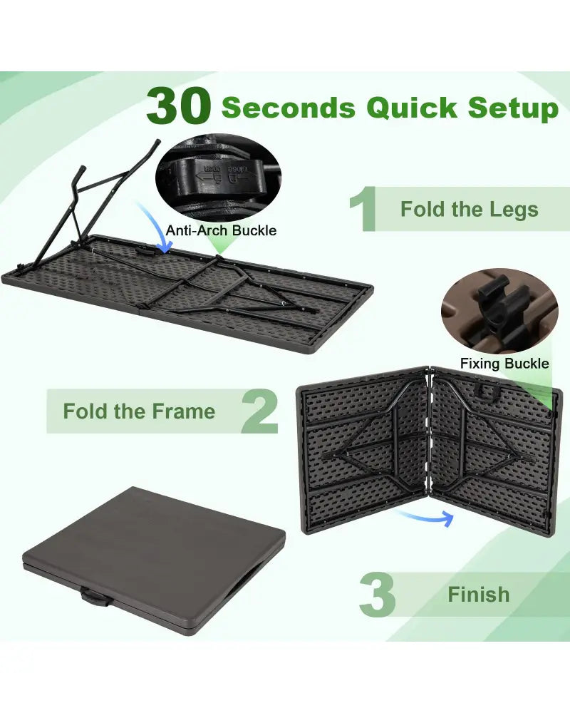 5FT Folding Picnic Table with Wood Grain HDPE Tabletop and Non-slip Foot Pads-Black - Black - Picnic Tables