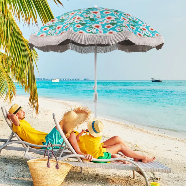 6.5 FT Beach Umbrella with Fringe Outdoor Tassel Umbrella with Push Button Tilt-Green - Green - Outdoor Umbrellas