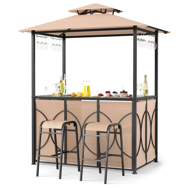 6.5 x 4 x 8 FT Grill Gazebo Set with 2 Bar Stools and Bar Table-Brown - Brown - Patio Bar Furniture