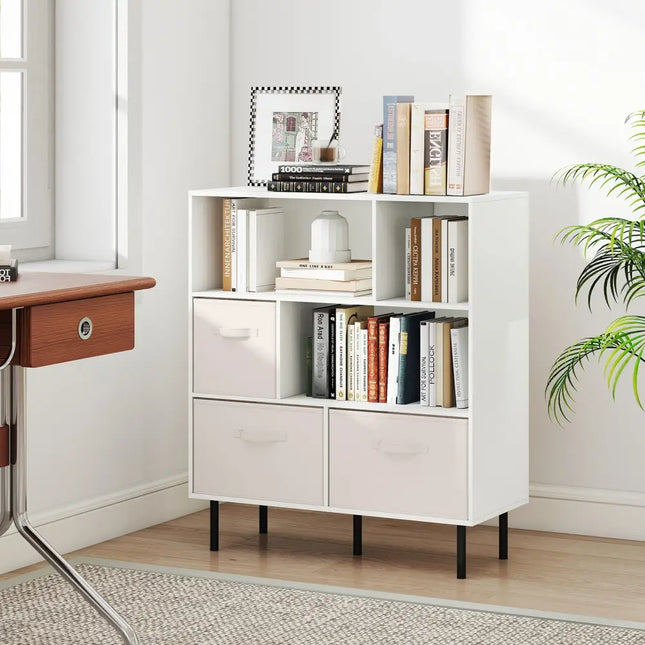 6-Cube Bookshelf with 3 Removable Folding Fabric Drawers for Living Room-White - White - Bookcases