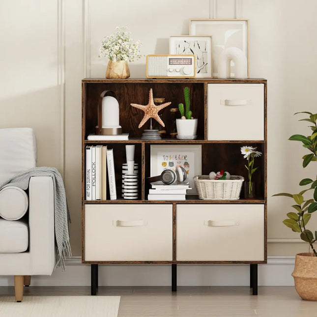 6-Cube Bookshelf with 3 Removable Folding Fabric Drawers for Living Room-Rustic Brown - Rustic Brown - Bookcases
