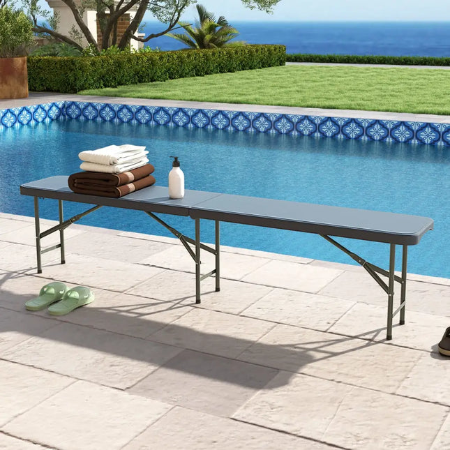 6 Feet Plastic Folding Bench Portable Seat with Handle and Lock-Gray - Gray - Camping Furniture