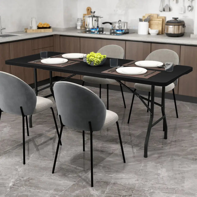 6 ft Portable Folding Table 350 LBS Fold-in-Half Table with HDPE Tabletop-Black - Black - Camping Furniture