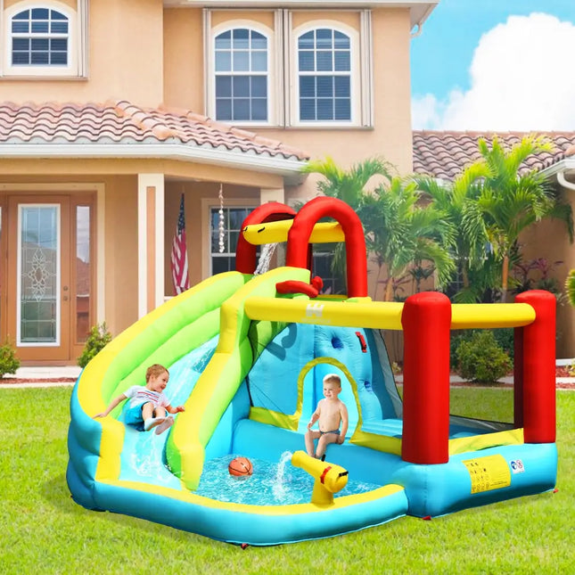6-in-1 Inflatable Bounce House with Climbing Wall and Basketball Hoop without Blower - Inflatable Water Slides