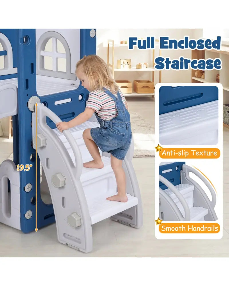 6-in-1 Toddler Slide L-shaped Playground with Basketball Hoop and Ladder-Blue - Blue - Climbers & Slides