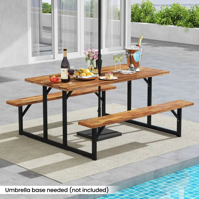 6-Person Acacia Wood Picnic Table with 2 Built-In Benches - Brown - Picnic Tables