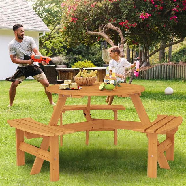 6-Person Round Picnic Table Set with 3 Built-in Benches and Umbrella Hole-Yellow - Yellow - Picnic Tables
