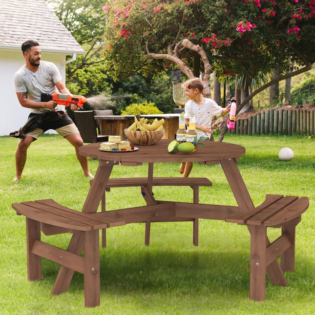 6-Person Round Picnic Table Set with 3 Built-in Benches and Umbrella Hole-Brown - Brown - Picnic Tables