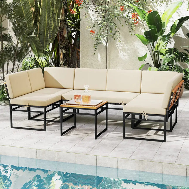 6 Piece Outdoor Sectional Sofa Set Metal Conversation Set with Cushions-Beige - Beige - Patio Conversation Sets