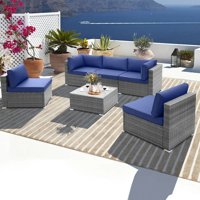 6 Piece Patio Conversation Sofa Set with Tempered Glass Coffee Table-Navy - Navy - Patio Conversation Sets