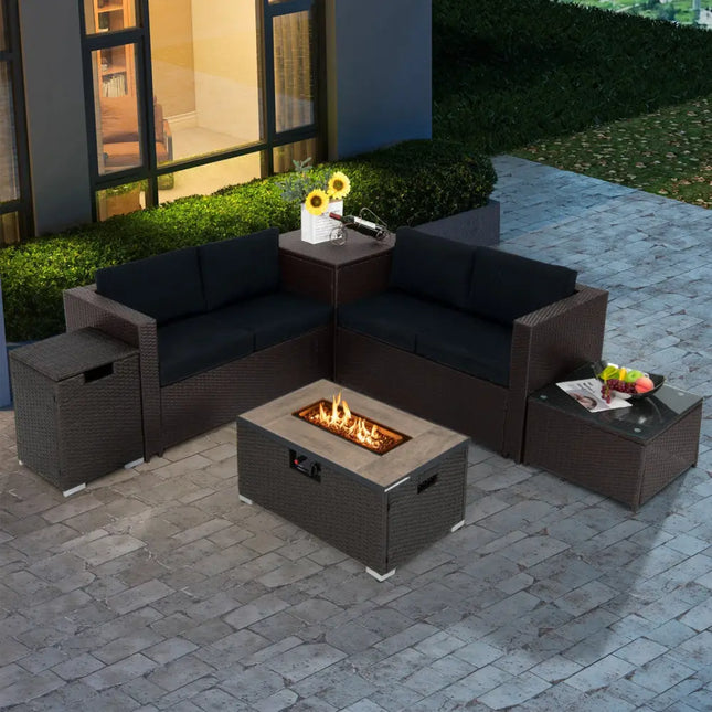 6 Pieces Outdoor Wicker Furniture Set with 32 Inch Propane Fire Pit Table-Black - Black - Patio Conversation Sets