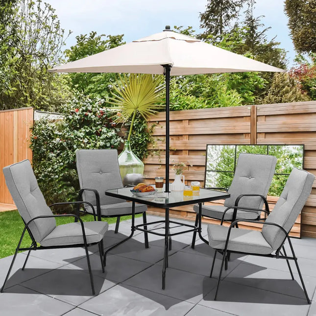 6 Pieces Patio Dining Set with Umbrella and Stackable Cushioned Chairs - Gray - Patio Dining Sets
