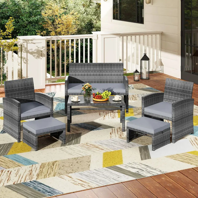 6 Pieces Patio Furniture Set Outdoor Sectional Conversation PE Rattan Sofa Set-Gray - Gray - Outdoor Sectionals