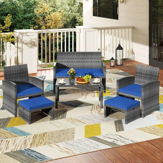 6 Pieces Patio Furniture Set Outdoor Sectional Conversation PE Rattan Sofa Set-Navy - Navy - Outdoor Sectionals