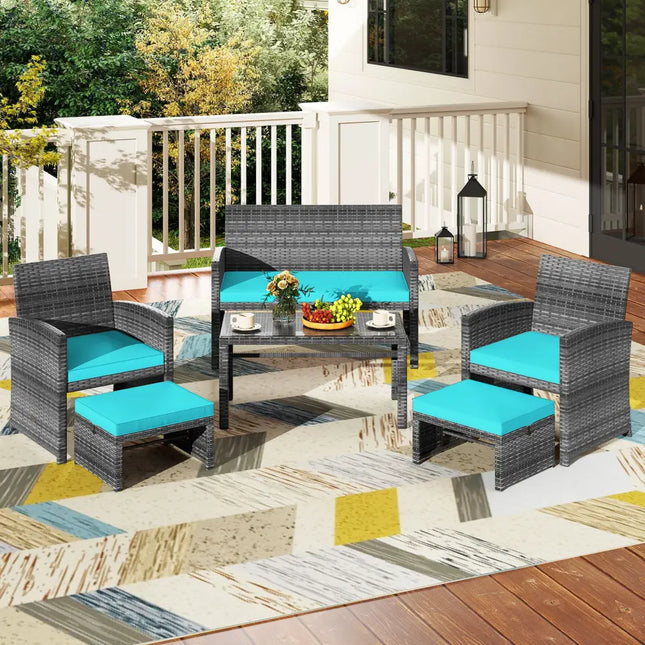 6 Pieces Patio Furniture Set Outdoor Sectional Conversation PE Rattan Sofa Set-Turquoise - Turquoise - Outdoor