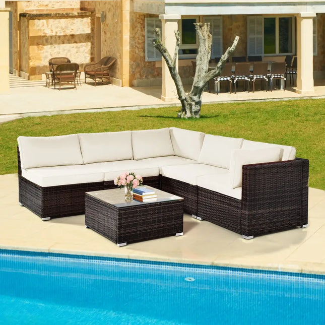 6 Pieces Patio Rattan Furniture Set with Cushions and Glass Coffee Table-White - White - Outdoor Sectionals