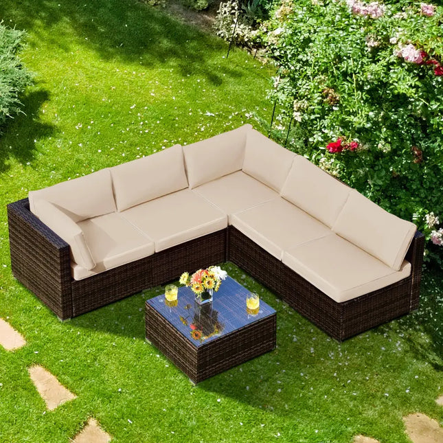 6 Pieces Patio Rattan Furniture Set with Cushions-Brown - Brown - Outdoor Sectionals