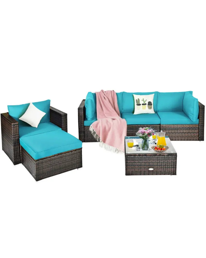 6 Pieces Patio Rattan Furniture Set with Sectional Cushion-Turquoise - Turquoise - Outdoor Sectionals