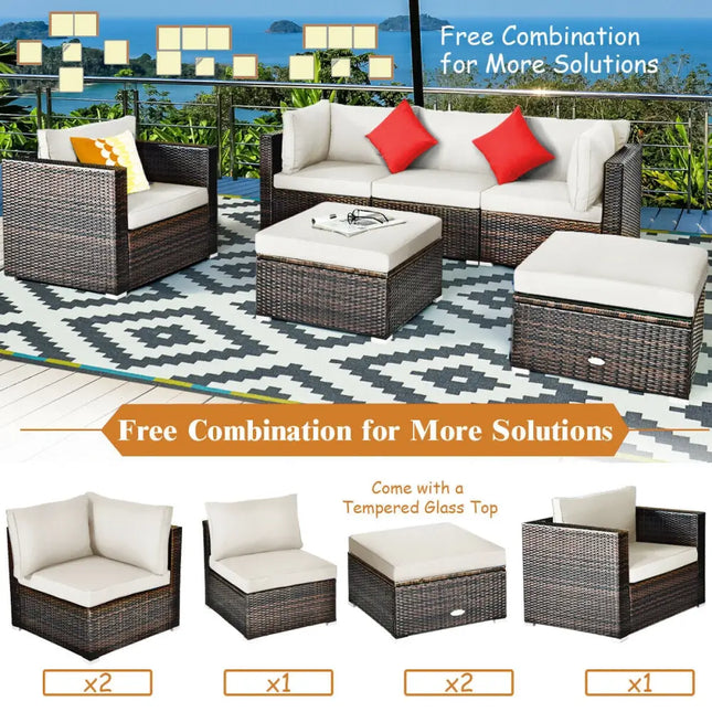 6 Pieces Patio Rattan Furniture Set with Sectional Cushion-White - White - Outdoor Sectionals