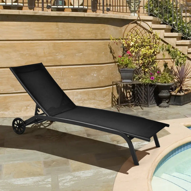 6-Poisition Adjustable Outdoor Chaise Recliner with Wheels-Black - Black - Outdoor Chaise Lounges