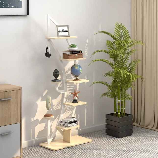 6-Tier 9 Potted Metal Plant Stand Holder Display Shelf with Hook-White - White - Plant Stands
