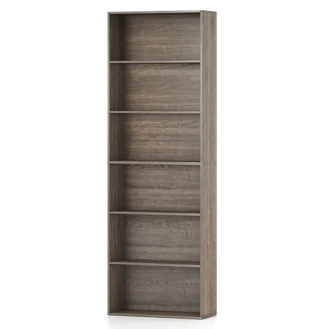 6-Tier Bookcase with 6 Open Shelves and Anti-Toppling Kits-Gray - Gray - Bookcases