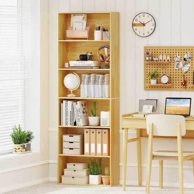6-Tier Bookcase with 6 Open Shelves and Anti-Toppling Kits-Wood - Wood - Bookcases