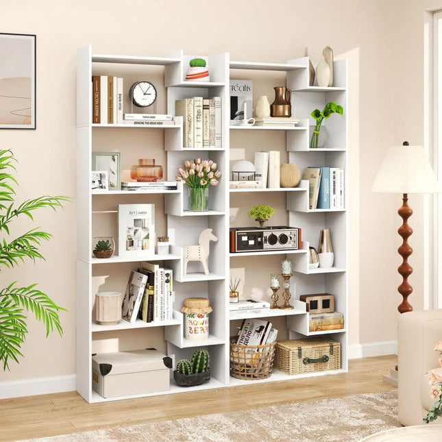 6-Tier Bookshelf Wooden Bookcase with 2 Anti-Tipping Kits Open Display Shelf-White - White - Bookcases