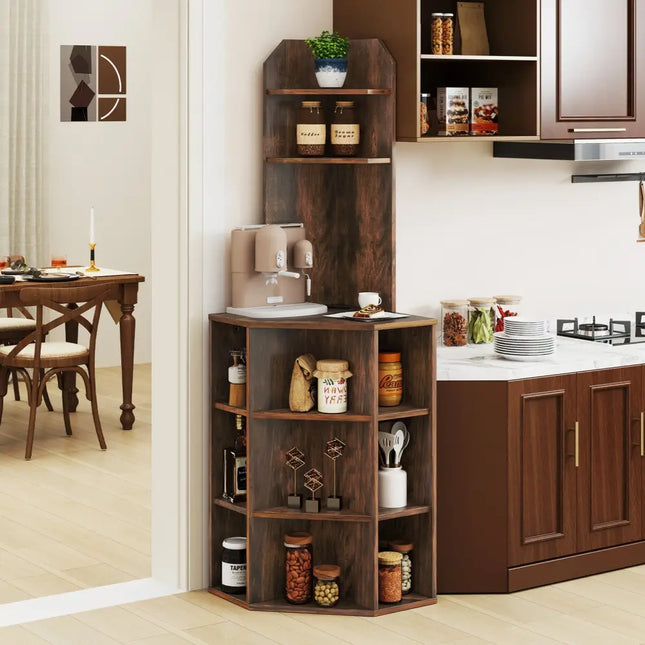 6-Tier Corner Shelf with Charging Station and 2 USB Ports-Brown - Brown - Bookcases