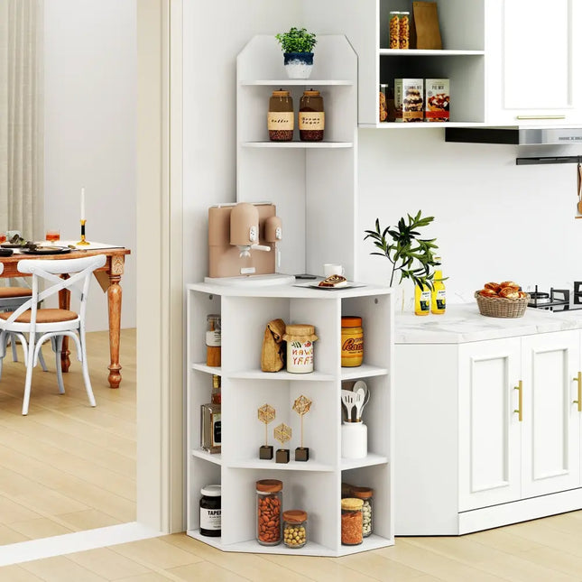 6-Tier Corner Shelf with Charging Station and 2 USB Ports-White - White - Bookcases