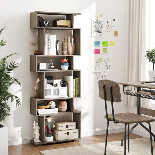 6-Tier Geometric Bookshelf with 2 Anti-Tipping Kits for Home Office-Oak - Oak - Bookcases