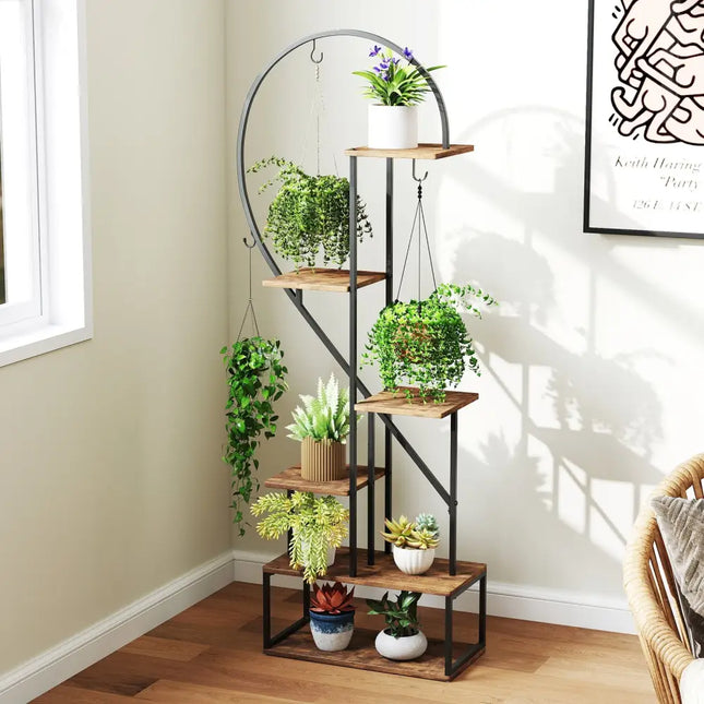 6-Tier Metal Plant Stand 2 Half-Heart-Shape Ladder Plant Shelves-Coffee - Coffee - Plant Stands