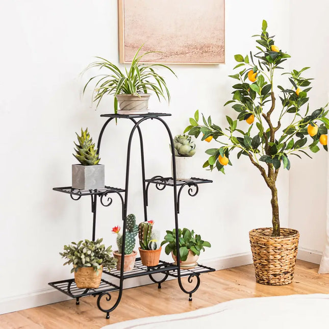 6-Tier Plant Stand with Adjustable Foot Pads-Black - Black - Plant Stands