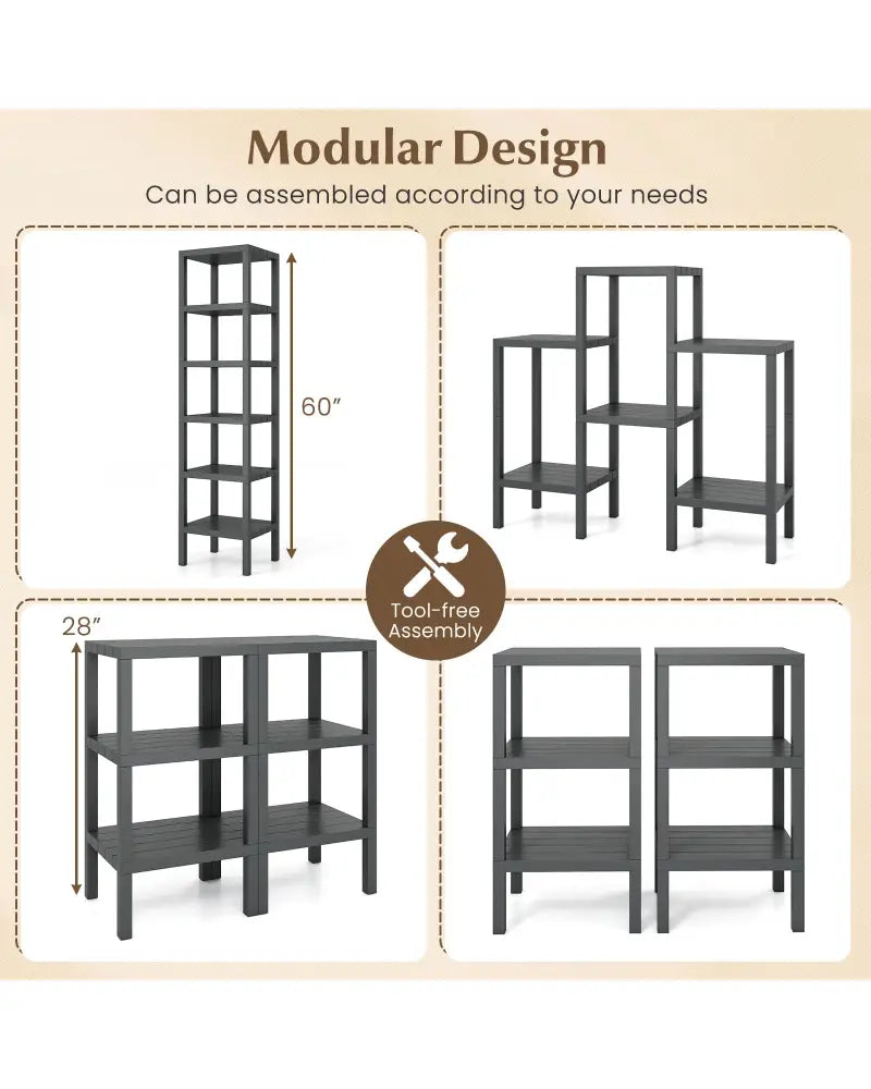 6-Tier Plastic Modular Storage Shelves for Living Room and Kitchen-Gray - Gray - Plant Stands