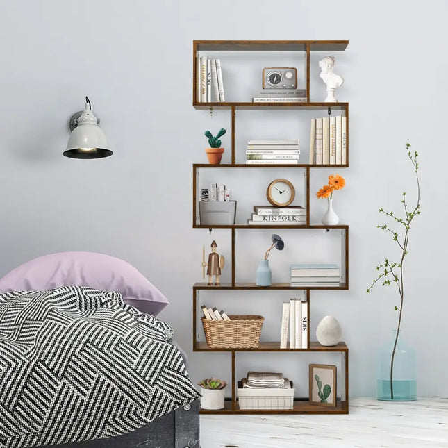 6 Tier S-Shaped Bookshelf Storage Display Bookcase Decor Z-Shelf -Coffee - Brown - Bookcases