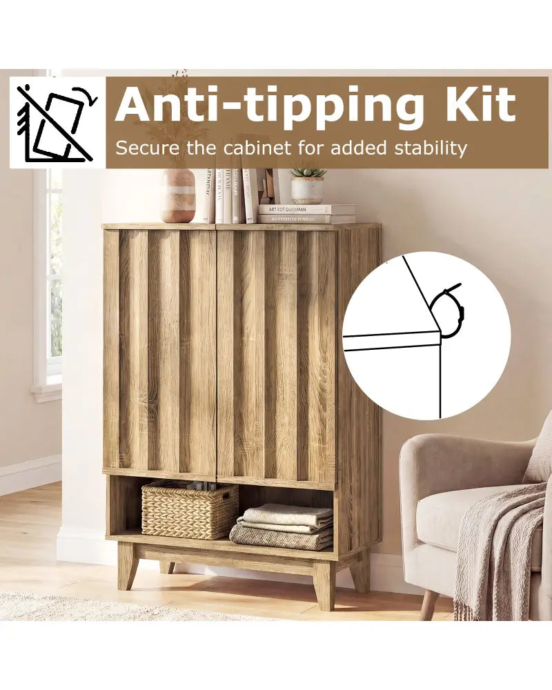 6-Tier Shoe Storage Organizer with 2 Fluted Doors-Oak - Oak - Shoe Racks & Storage Benches